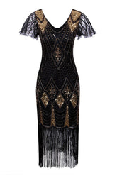 Zapaka Damen Schwarz Gold Pailletten Franse Vintage 1920ER Flapper Kleider